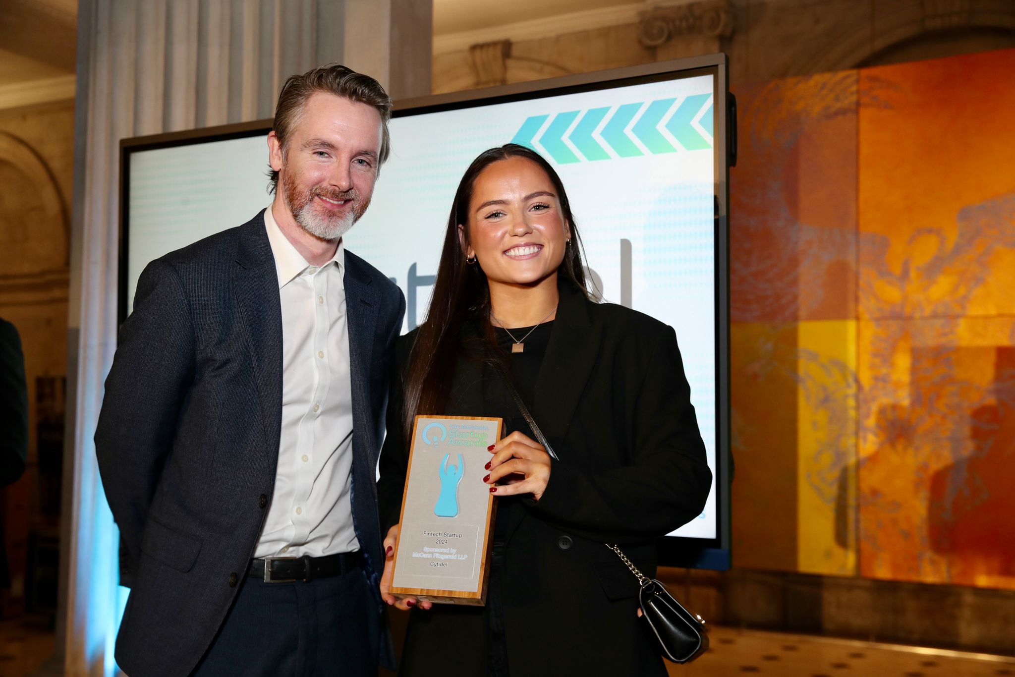 Fintech Startup Gold winner Cytidel — Orla O'Neill with sponsor John Neeson, McCann FitzGerald