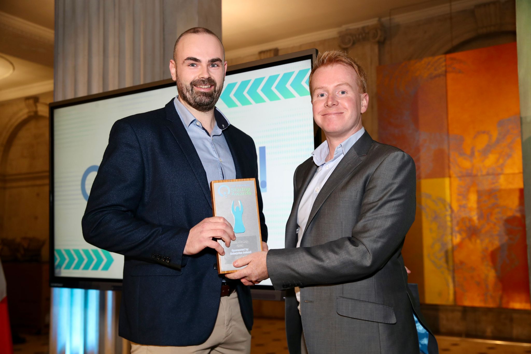 Tech Startup Gold winner OptaHaul — Client Services Manager Kevin McSweeney with sponsor Michael O'Dea of Enterprise Ireland